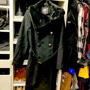 Vince Camuto brand faux fur black pea coat belted